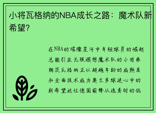 小将瓦格纳的NBA成长之路：魔术队新希望？